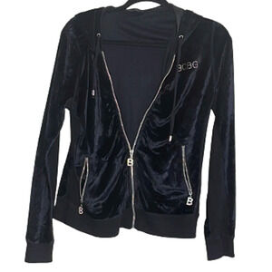 Y2K BCBG MAXAZRIA RHINESTONE SPELL OUT BLACK VELOUR ZIP -UP JACKET SIZE‎ L